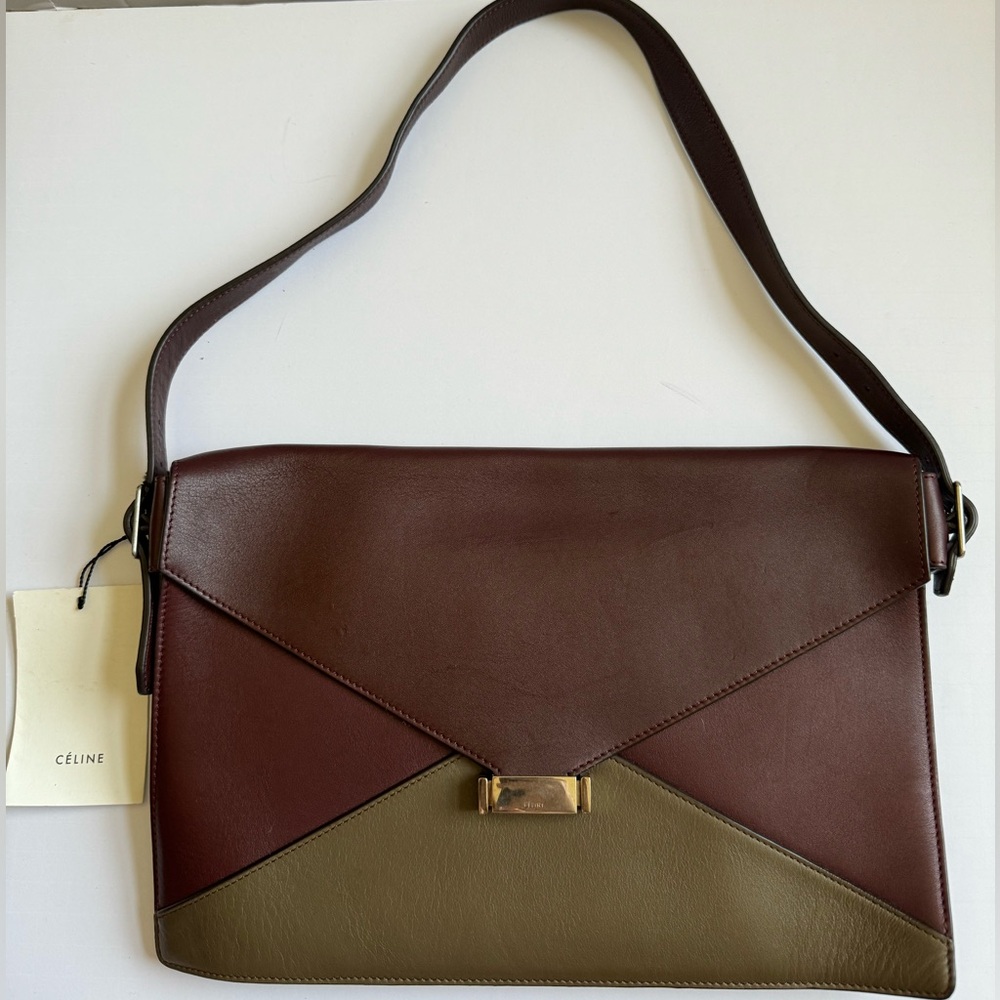Brand New Vintage Celine Burgundy And Khaki Lambskin Leather Medium Diamond Bag